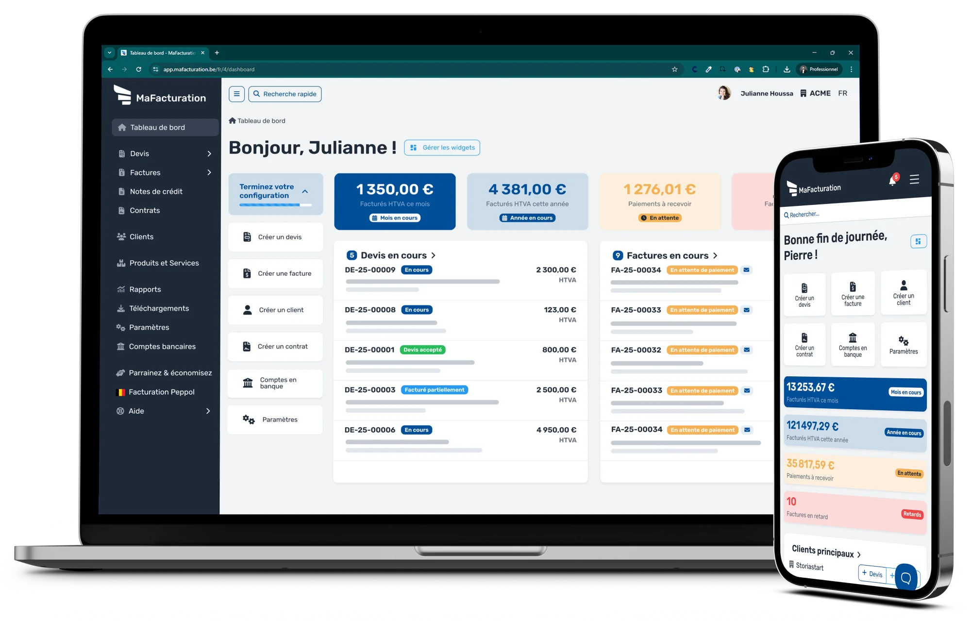 Tableau de bord MaFacturation sur ordinateur et mobile