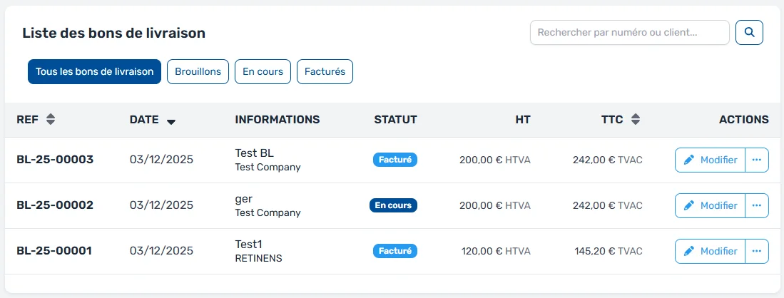 Liste des bons de livraison avec filtres par statut dans MaFacturation
