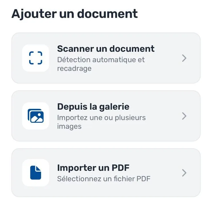 Écran d'ajout de document par scan sur l'application mobile MaFacturation